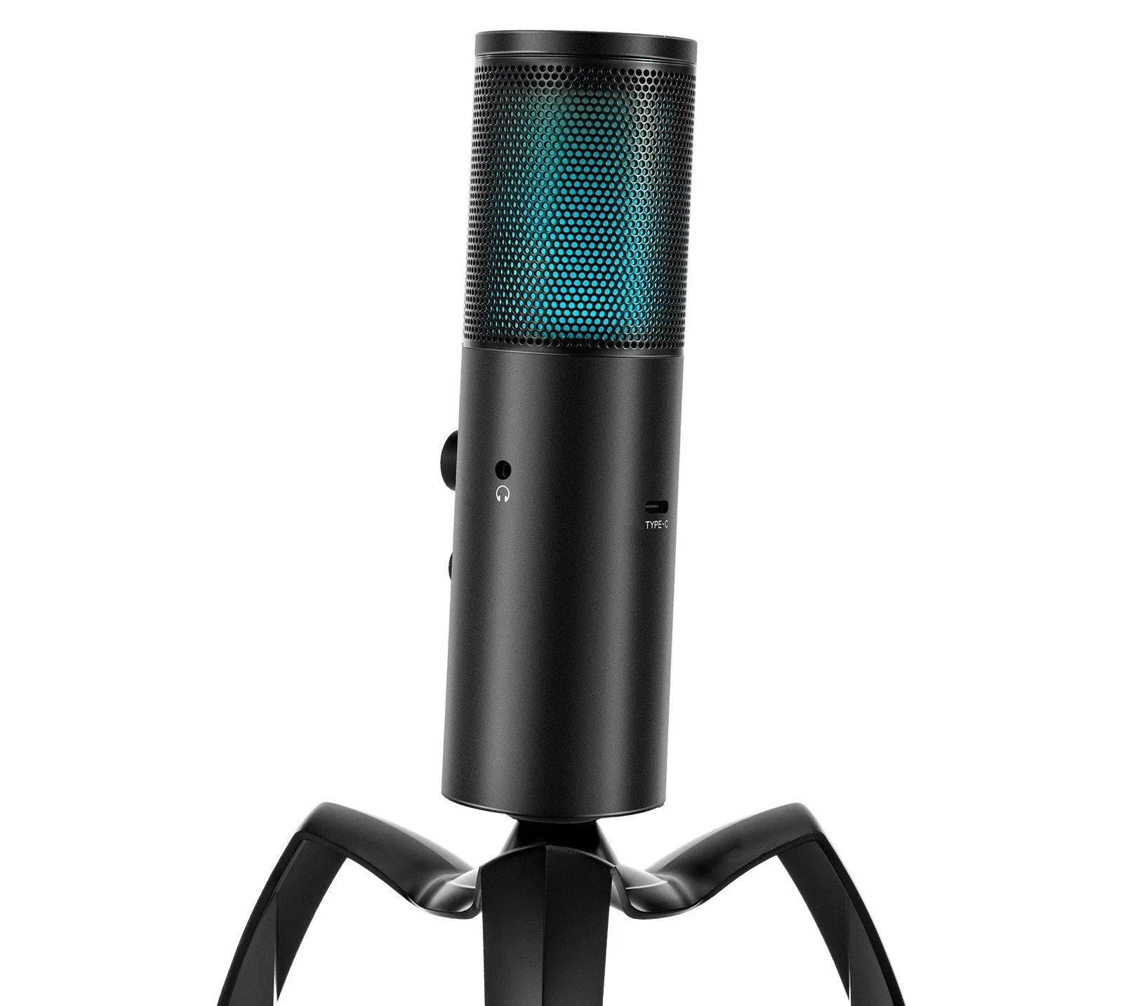 Black Q18 USB condenser microphone with RGB lights on a metal tripod stand