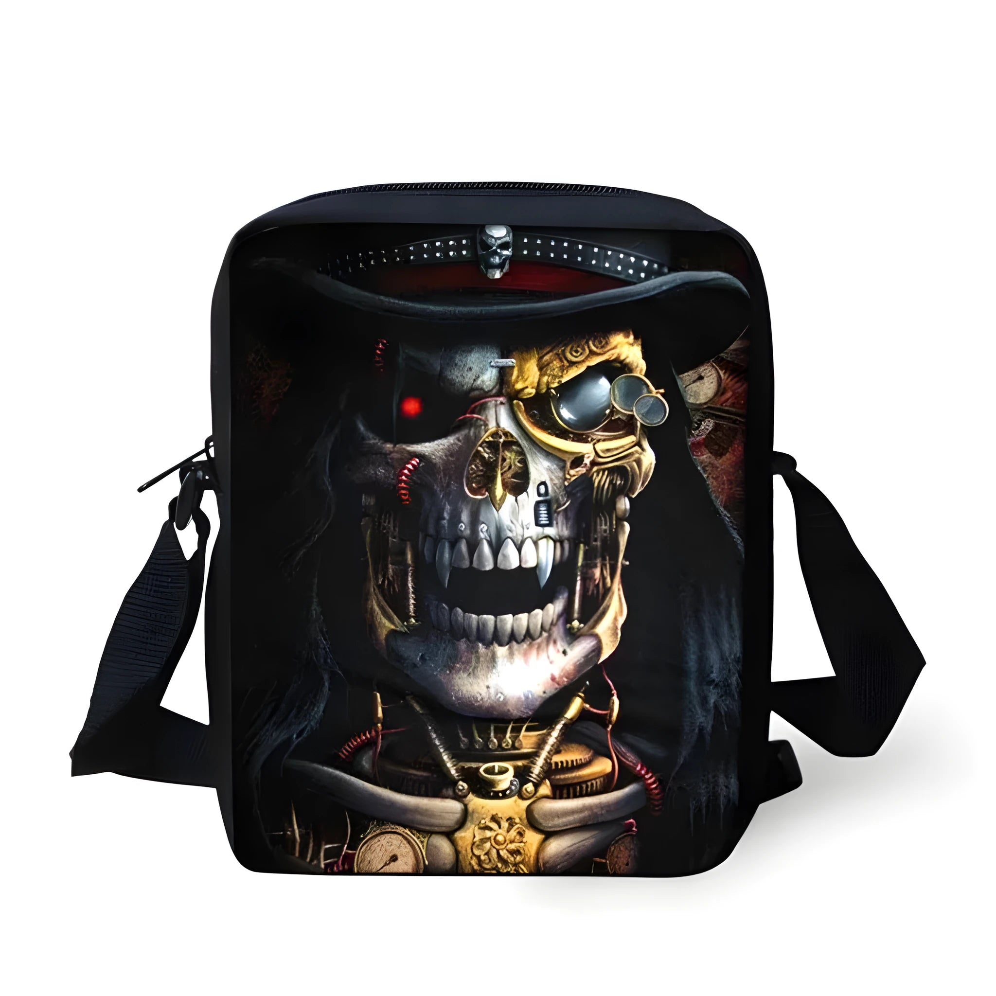 Medium-sized black children's messenger bag with a white skull pattern and double shoulder straps.