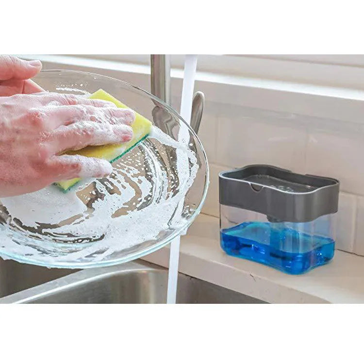 Plastic kitchen soap dispenser in silver with pump top on countertop