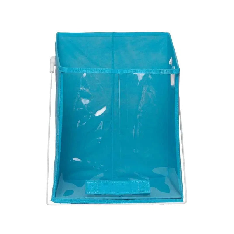 Blue folding storage basket with clear front panel placed on a wire shelf, large size 41x33x33cm