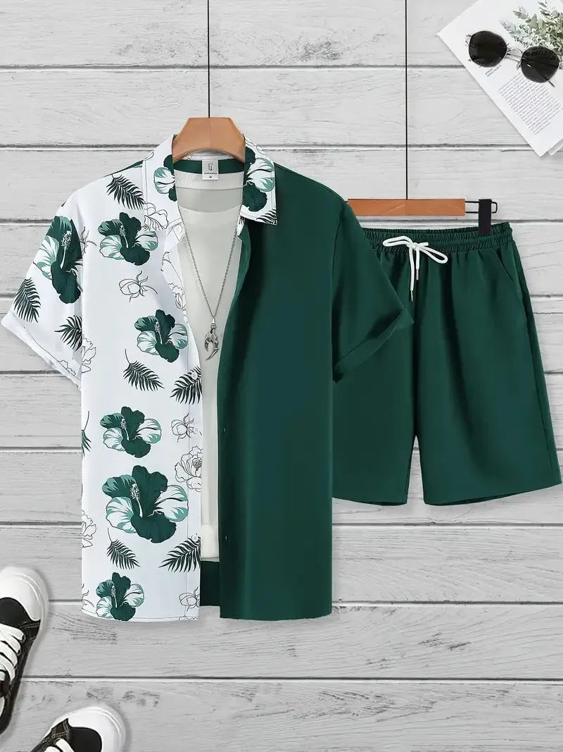Men's casual Hawaii 3D printed short sleeve top and matching shorts set.