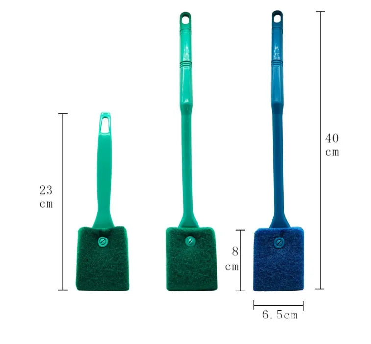 Long handle double-sided aquarium cleaning brush with scraper in blue
