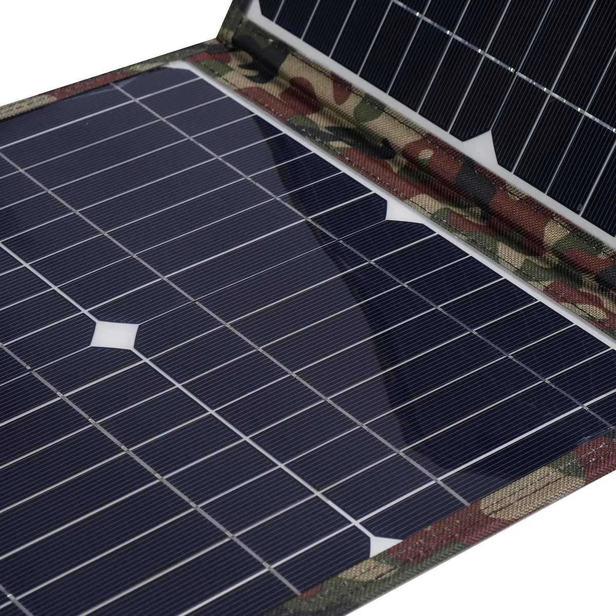Black foldable 36W solar panel with monocrystalline cells and charging accessories displayed unfolded