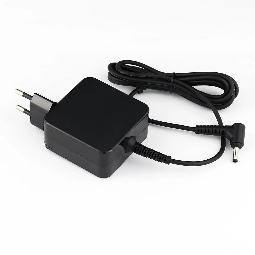 Black Hua 45W laptop adapter with American plug showing EU/US compatibility labels