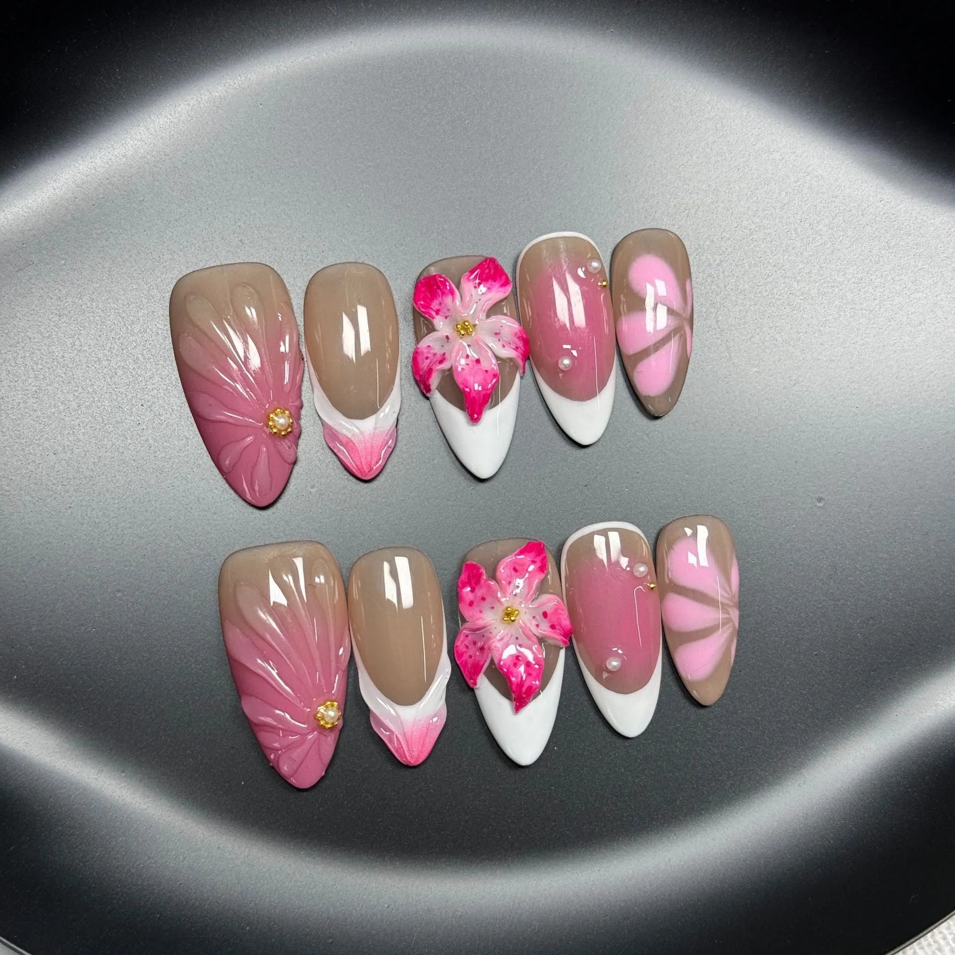 French style 3D nail art decals with fluid ice flower and lily designs in plastic almond shape wearables