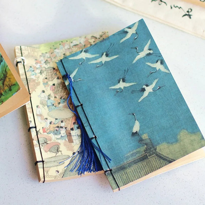 Retro antique wire-bound ledger notebook with embossed cowhide cover and decorative tassels