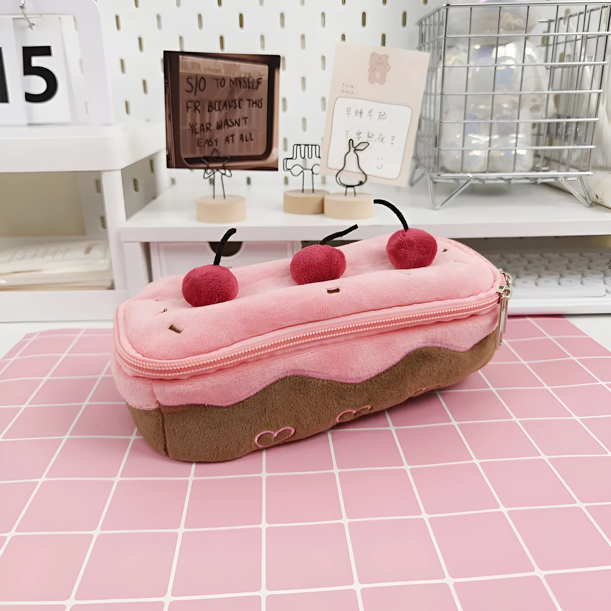 Cherry Cake design velvet plush pencil case with zip closure