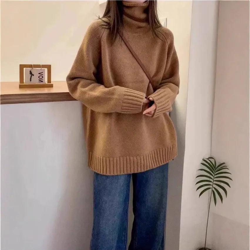 Women's loose turtleneck sweater with thick curling pile collar in red camel grey black colours