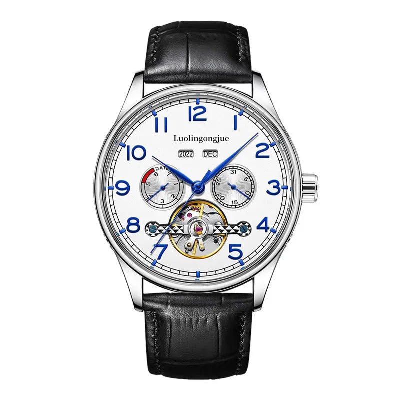 Business hollow men's mechanical watch with stainless steel case and leather strap
