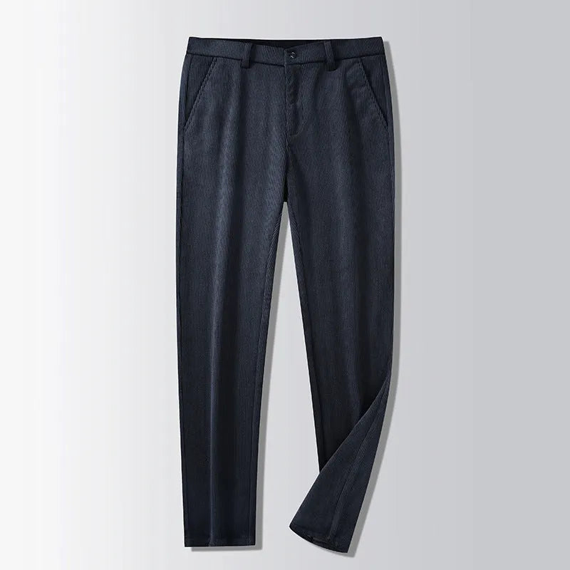 British retro striped straight leg trousers in a chemical fibre blend, shown in khaki colour.