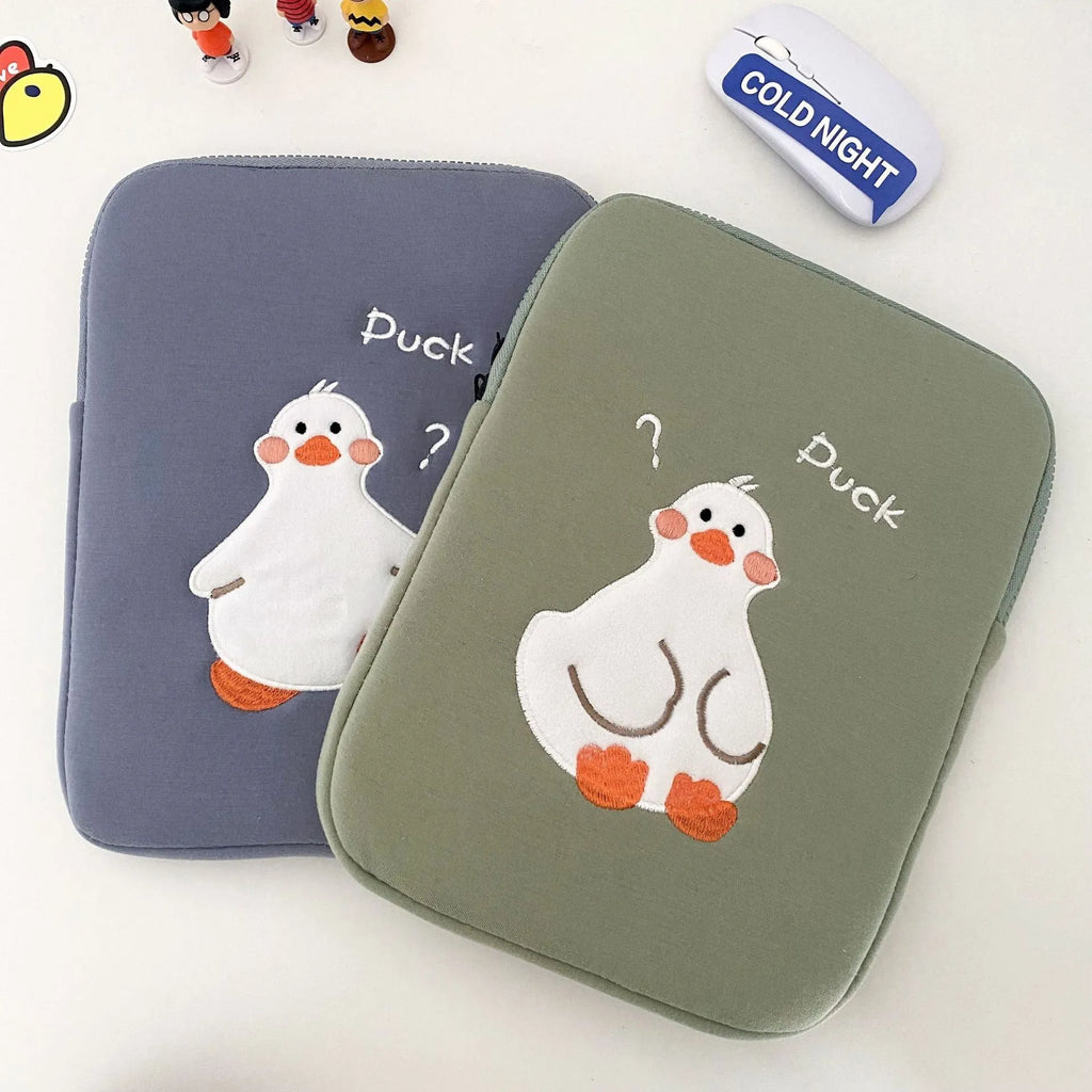 Cotton tablet case with cartoon duck embroidery design in blue or green colours with zipper closure