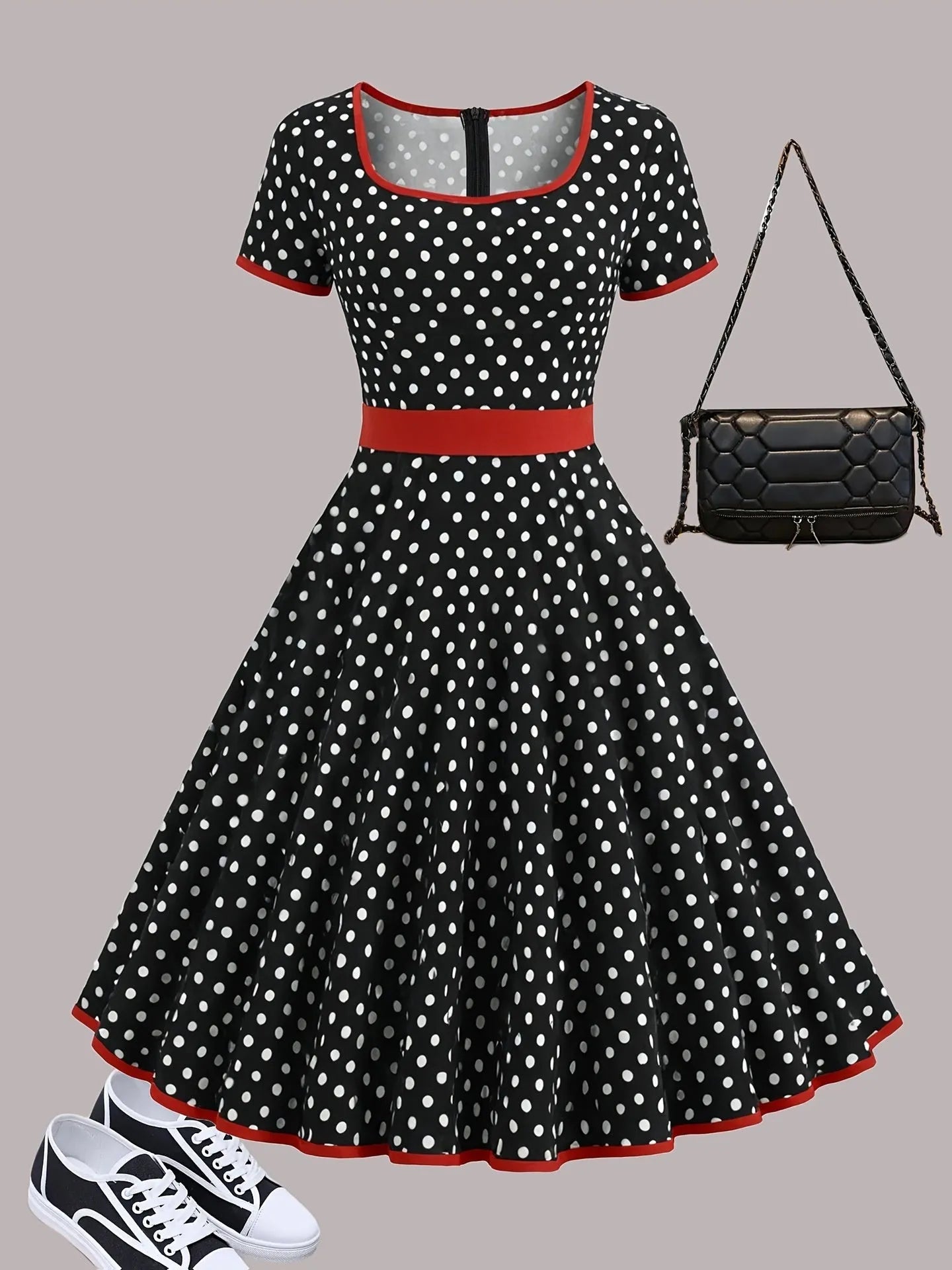 Multicolour polka dot pleated dress with square collar and front zipper.