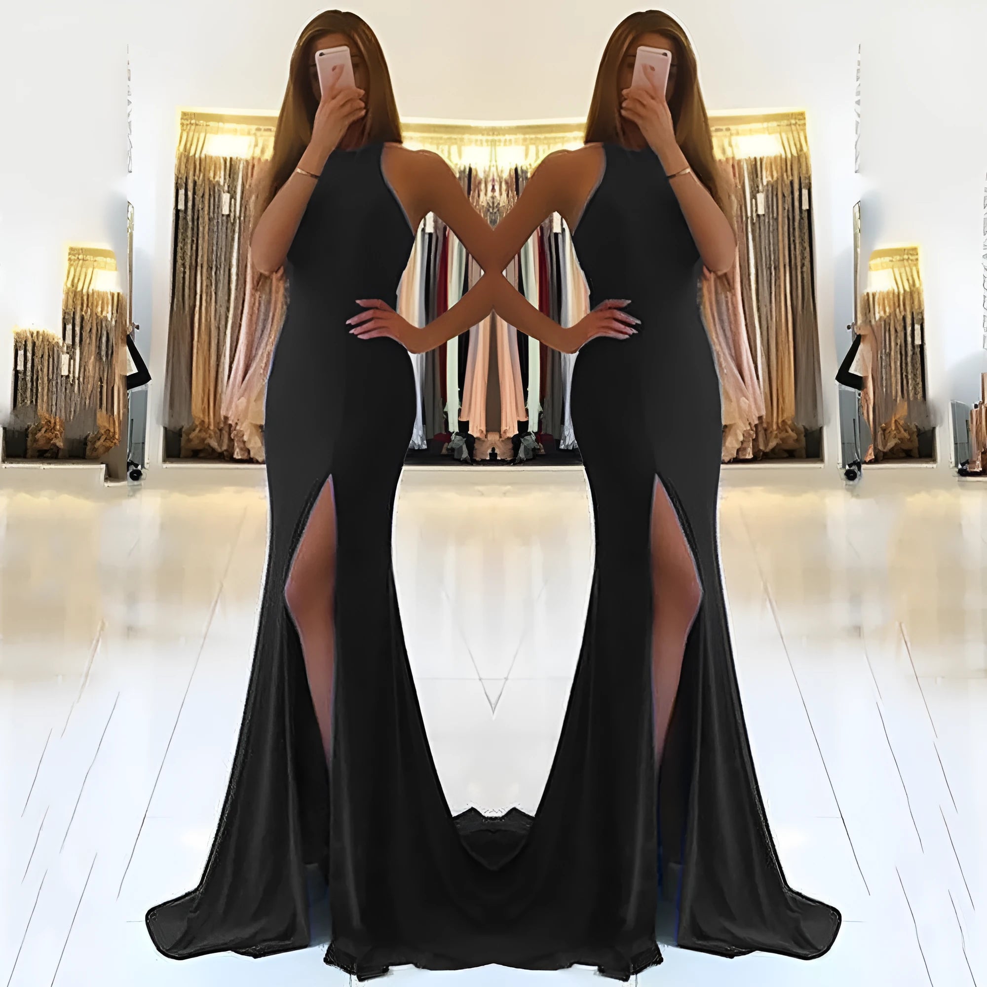 Long red knitted evening dress with hollow design detail on the skirt and a hanging neckline.