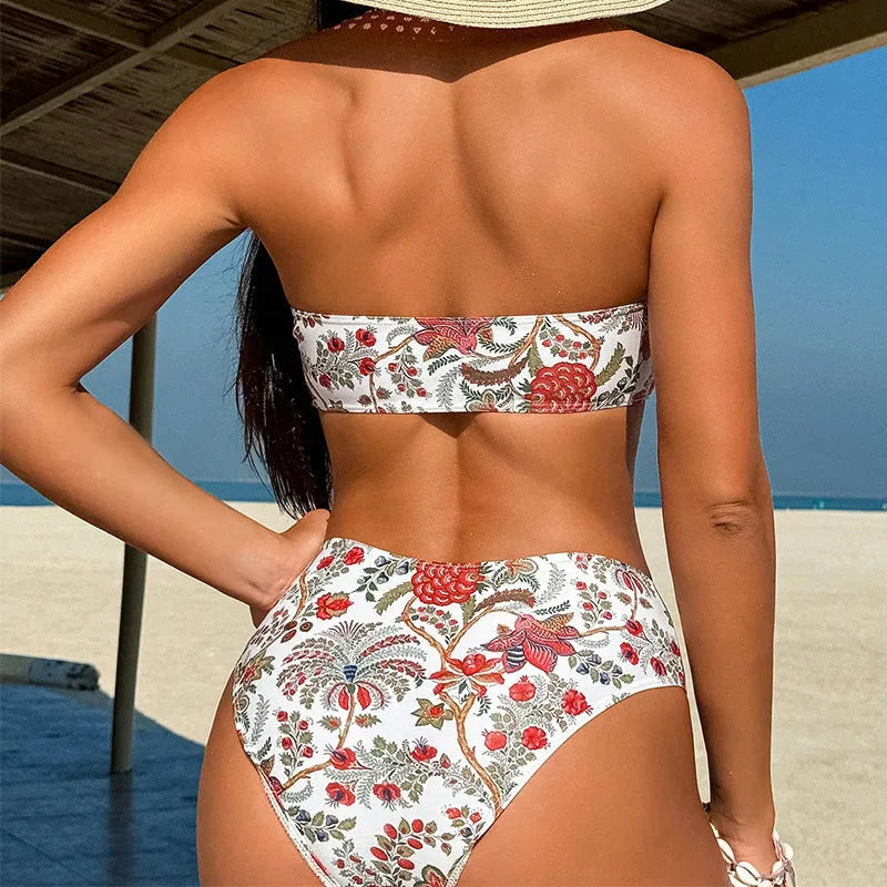 Women's printed bandeau swimsuit two-piece set with triangle top and matching shorts