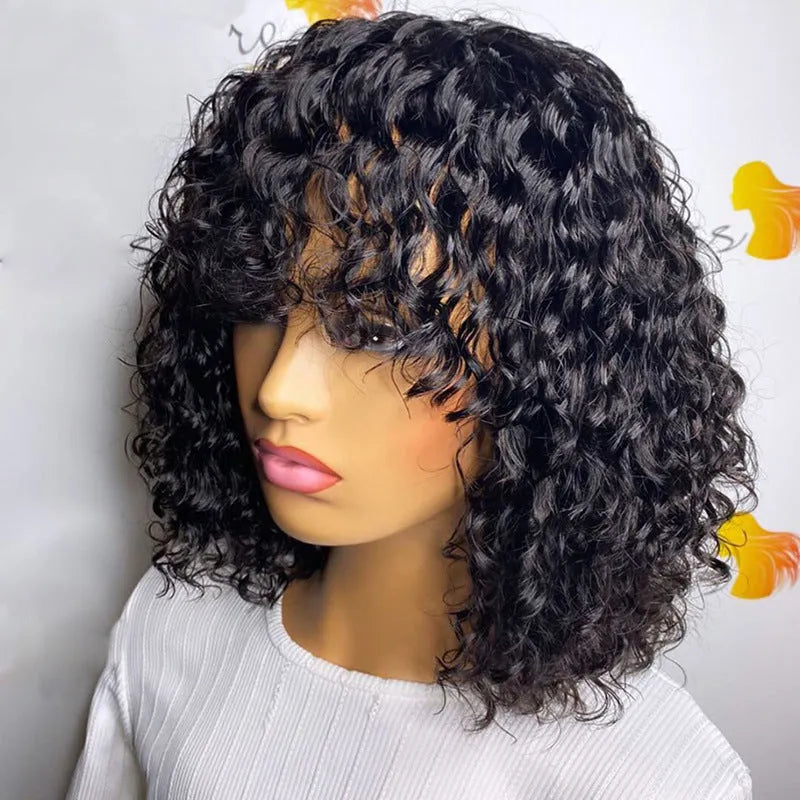 Full machine made BOB wig with water wave curls short hair length