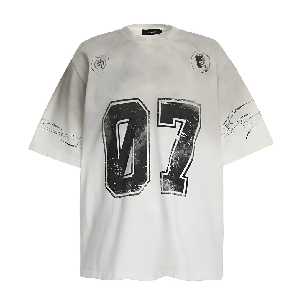 Men's black and white pure cotton short-sleeve printed t-shirt on a hanger.