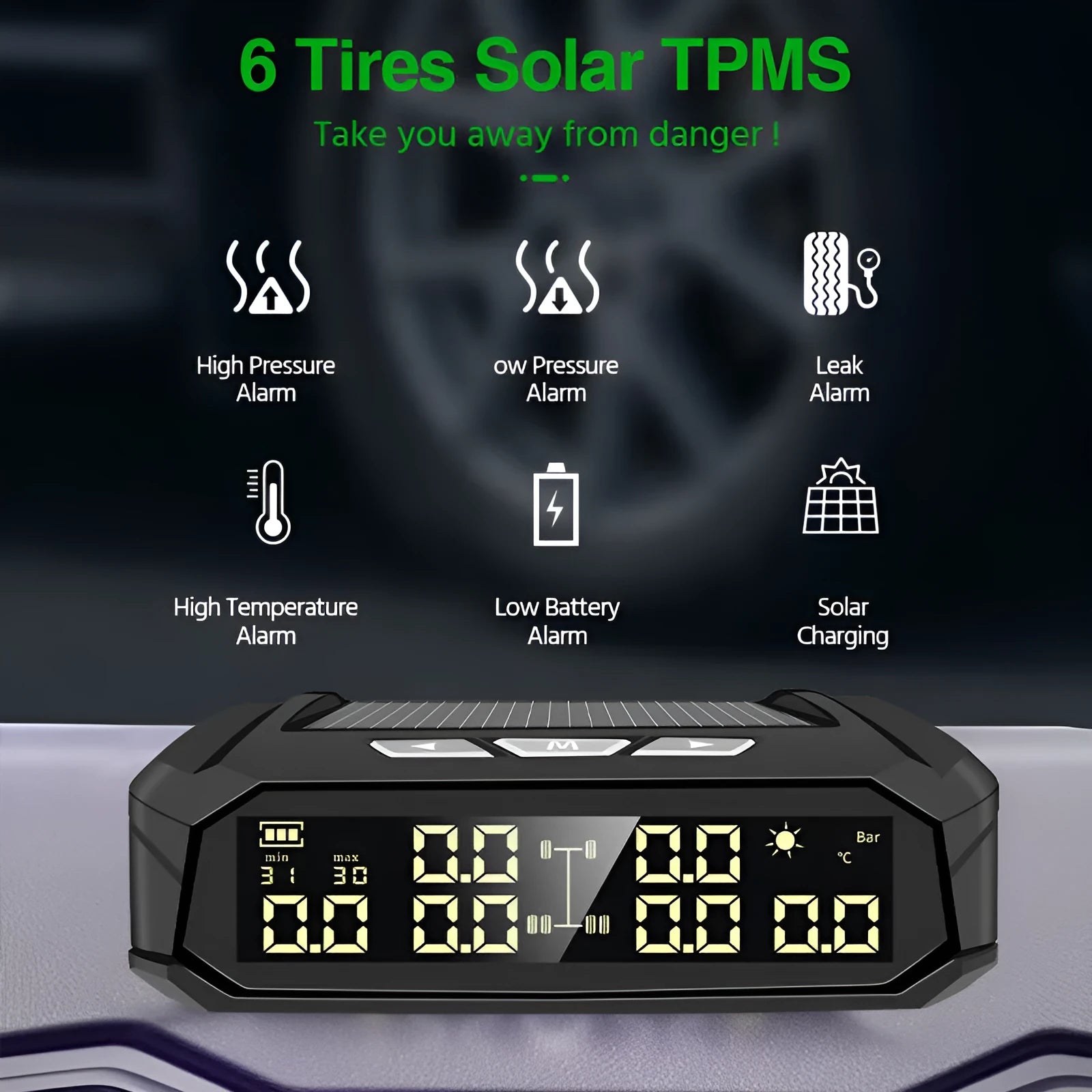Solar external tire pressure monitor with LCD display and 6 sensors for RV and truck use