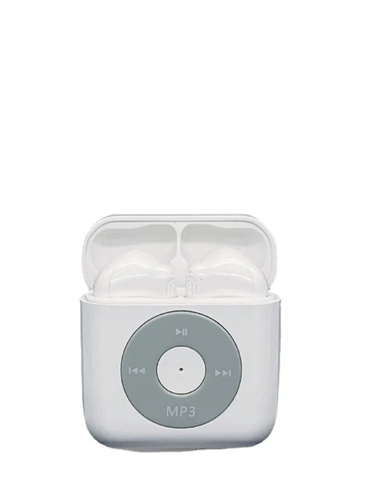 White wireless Bluetooth earphones with a semi in-ear design and a charging case on a white background.