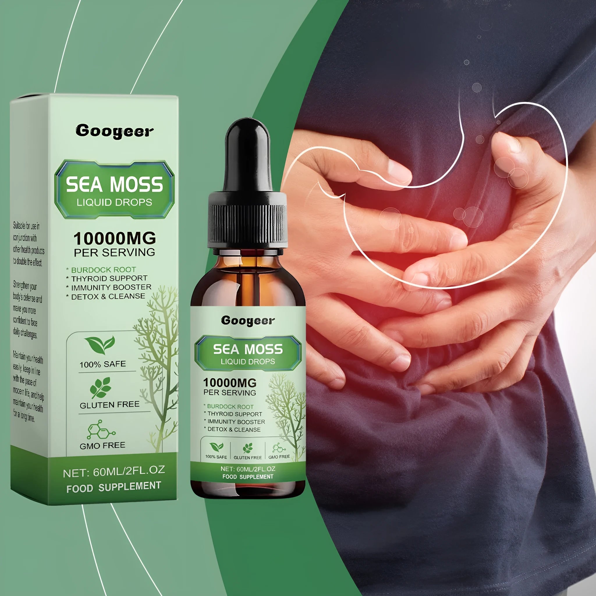60ml bottle of Googeer Sea Moss Liquid Drops body treatment measuring 3.3x3.3x12cm