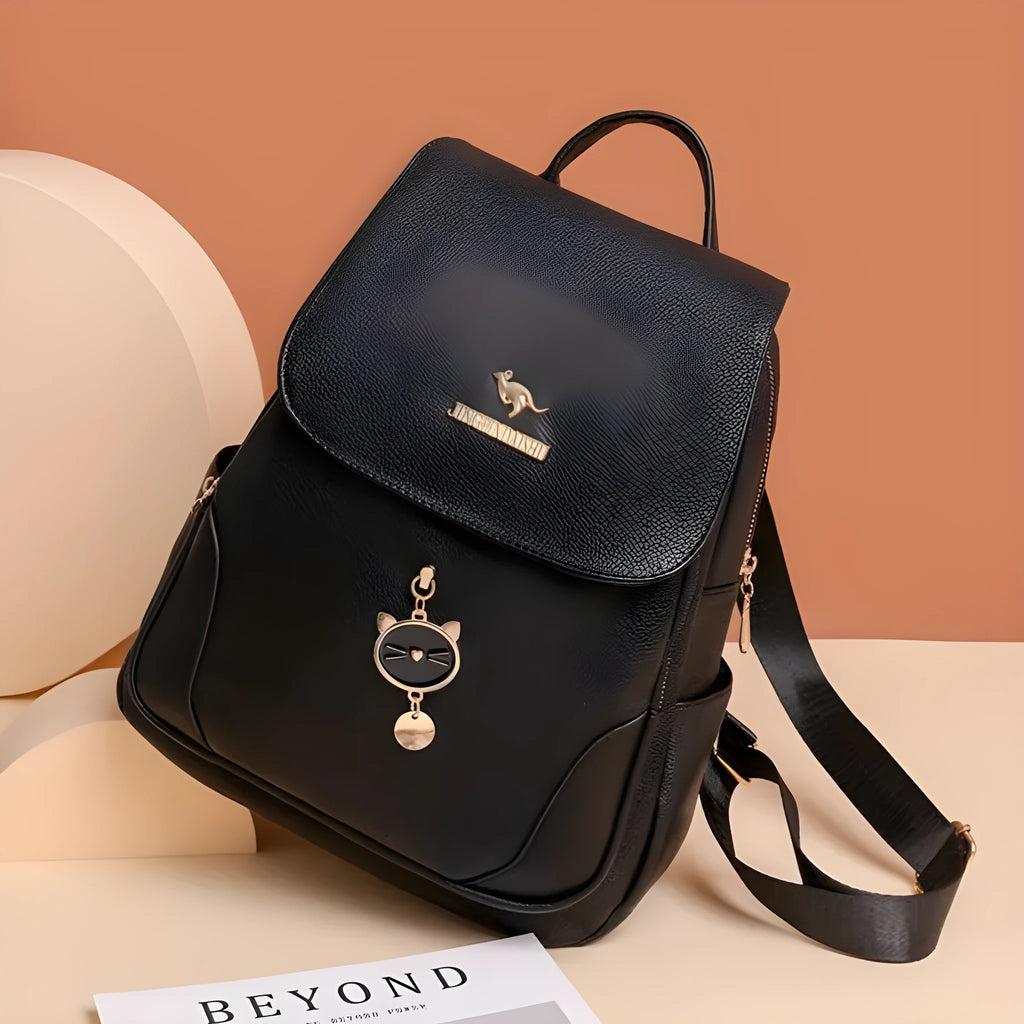 Women's PU leather backpack in black, blue, or taro purple with three-dimensional pockets