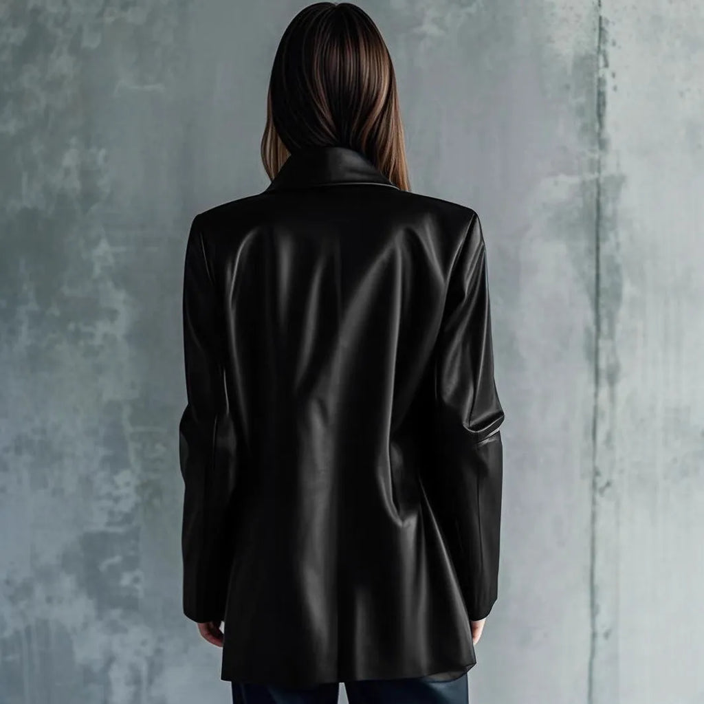 Black mid-length polyester leather jacket for women on a hanger.