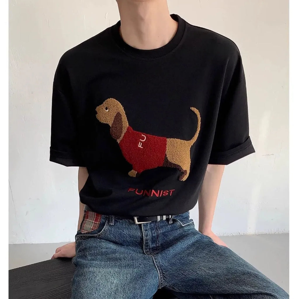 Men's grey cotton t-shirt with embroidered sausage dog holding towel design showing front view