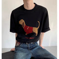 Men's grey cotton t-shirt with embroidered sausage dog holding towel design showing front view