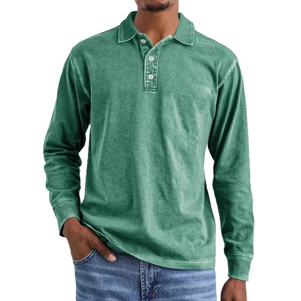 Men's retro washed distressed pure cotton lapel long sleeve polo shirt on a hanger.