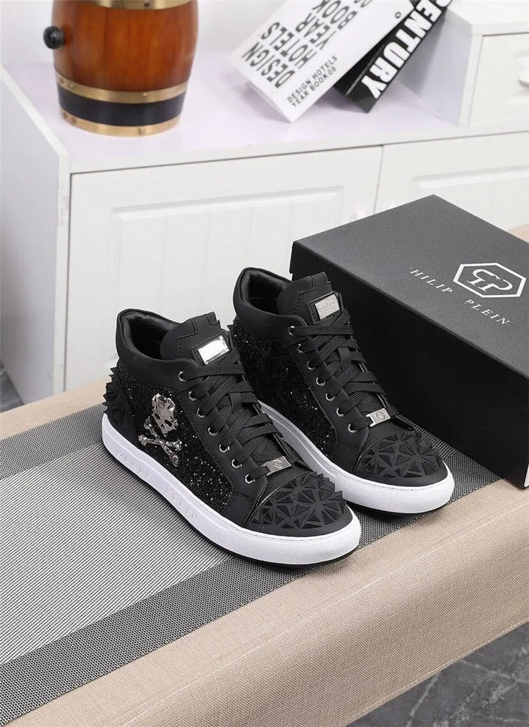 Men's black genuine leather high top skeleton shoes with lace-up closure and rubber soles