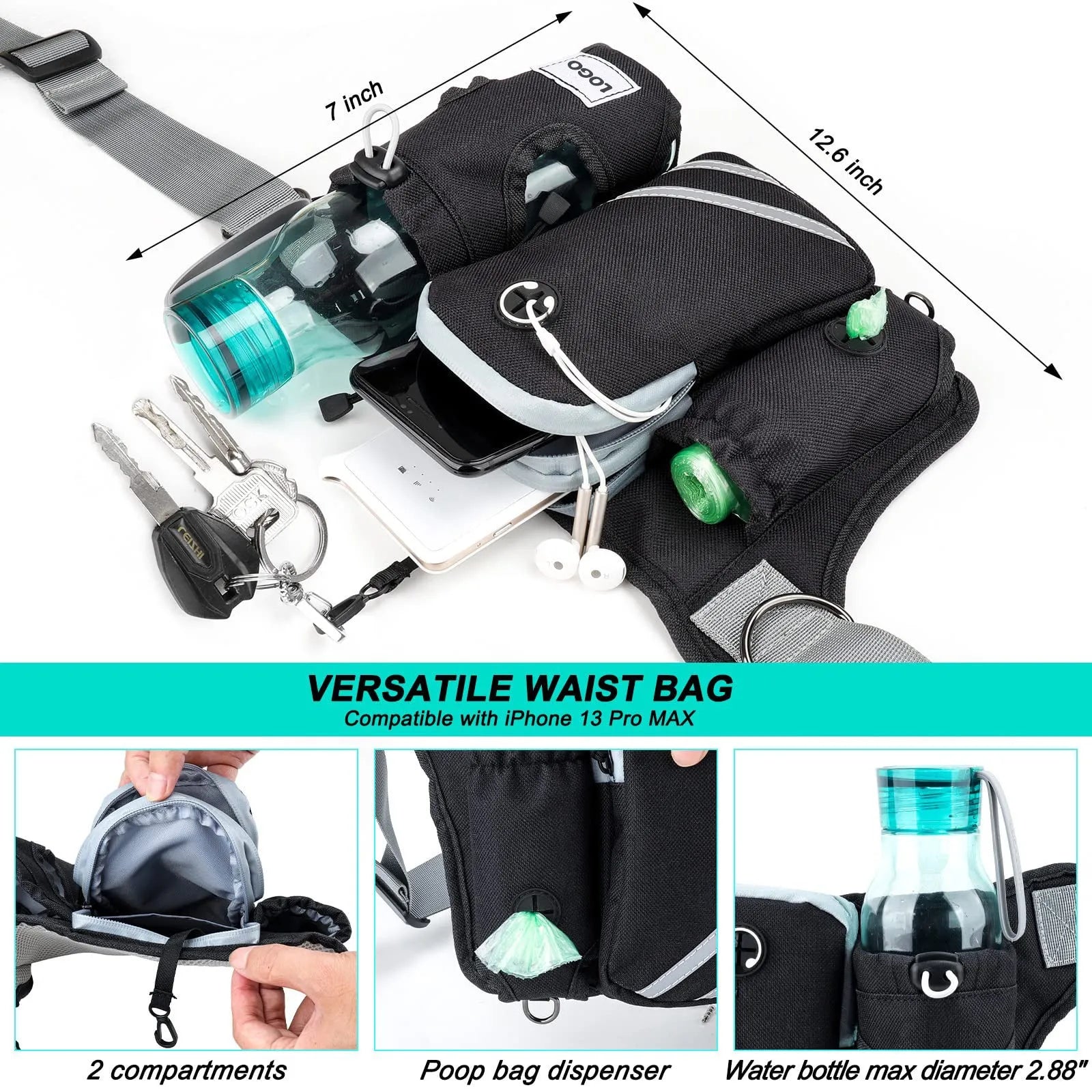 Black nylon dog walking waist bag with integrated leash and collar set for outdoor use