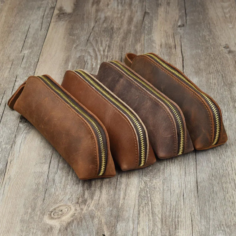 Square leather glasses and pen case with zipper closure in four colour options
