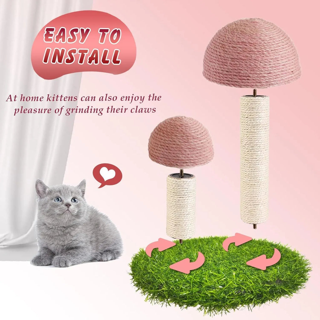Pink mushroom-shaped cat scratching post with natural sisal caps on a sturdy base for small cats.