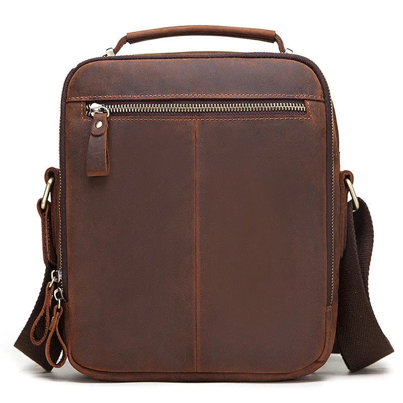 Men's brown genuine leather single-shoulder crossbody bag with sewing line detailing.