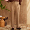Men's slim fit straight leg business trousers in dark grey, light brown, or light apricot wrinkle-resistant polyester fabric