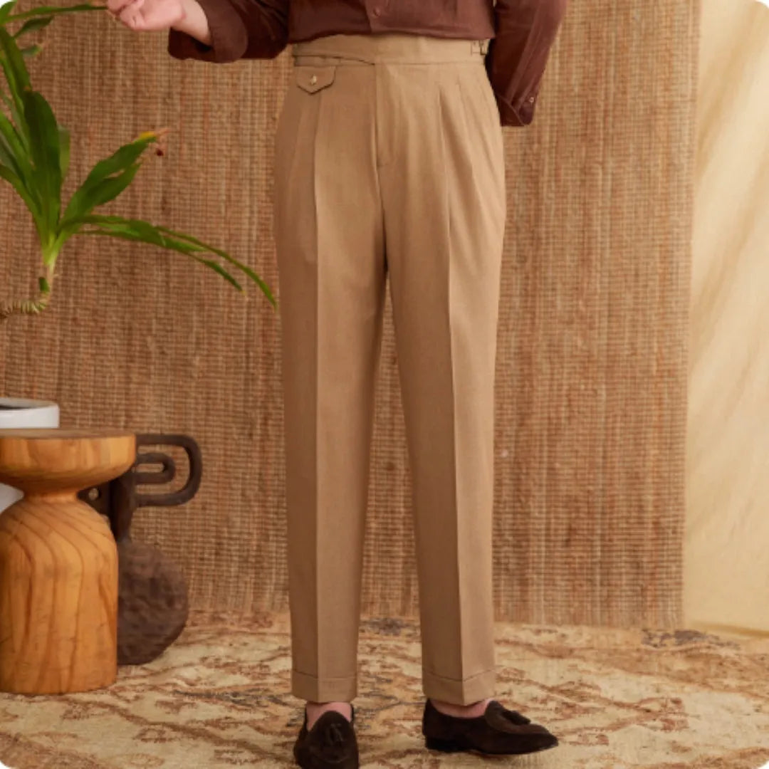 Men's slim fit straight leg business trousers in dark grey, light brown, or light apricot wrinkle-resistant polyester fabric