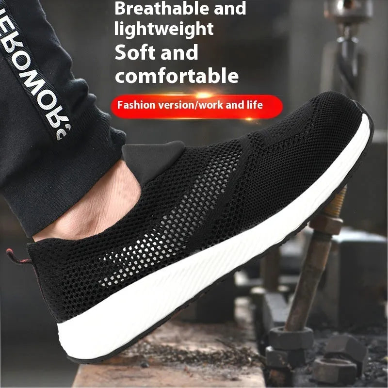 Men's lightweight black mesh work shoes with a low-top design and steel toe cap.