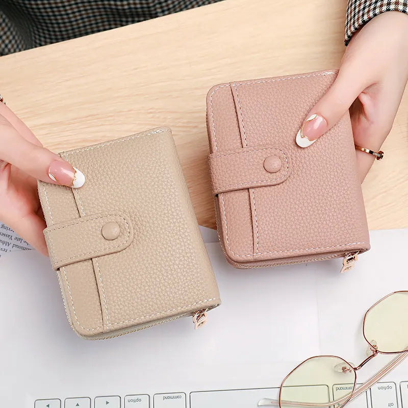 Ladies short wallet with lychee pattern in PU leather, two-fold design in beige colour