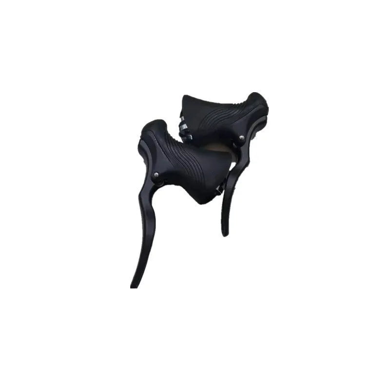 A pair of aluminium alloy road bicycle brake handles in black and silver finish.