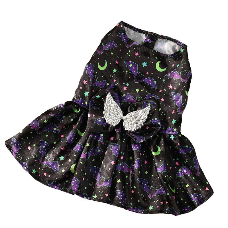 Angel wings Halloween dog costume in bright pumpkin or bat design on dog model
