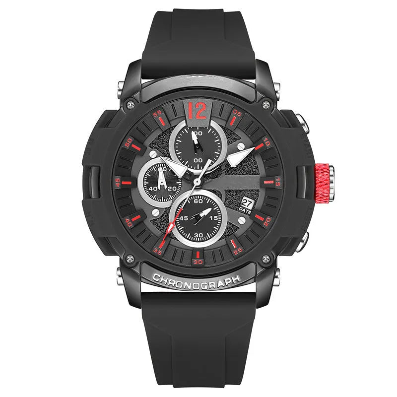 Men's black multi-function digital watch with luminous display showing time and calendar