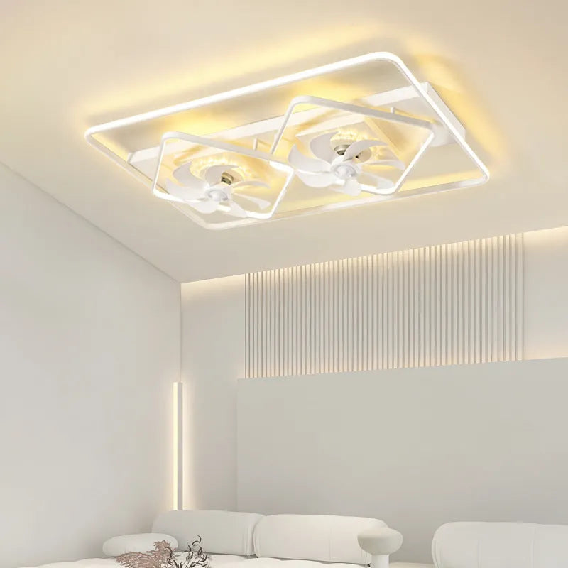 Modern ceiling fan with integrated light fixture, 1100mm size with plastic blades and acrylic lampshade.