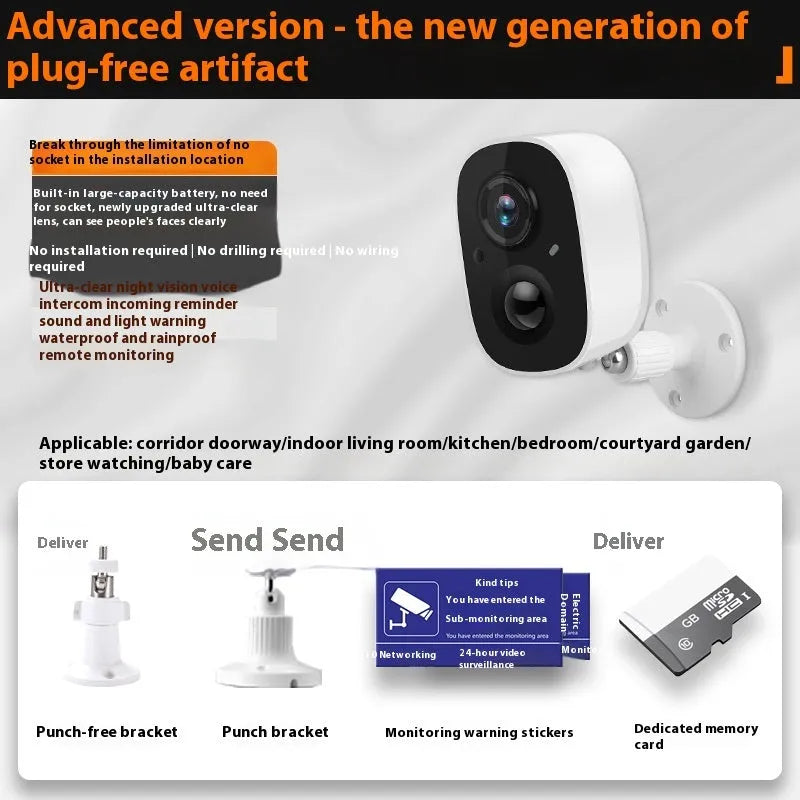 Battery-powered wireless indoor surveillance camera with WiFi connectivity and self-contained bracket