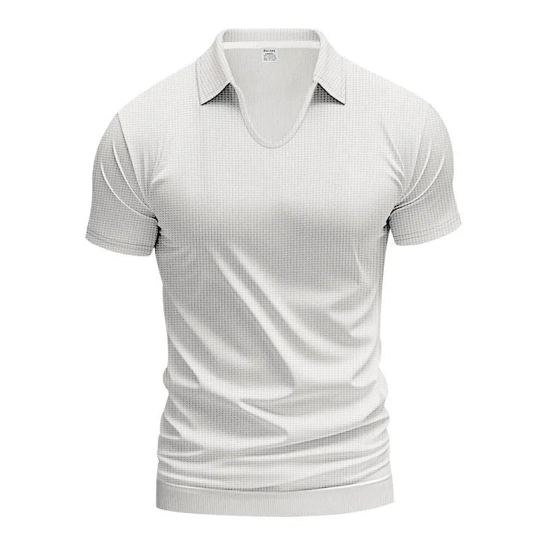 Men's loose fit light grey V-neck short sleeve casual t-shirt laid flat