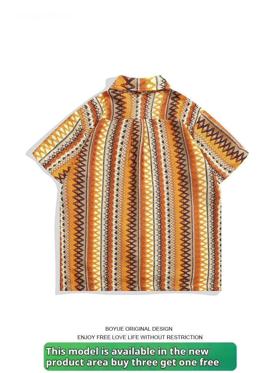 Ethnic style woven Cuban collar shirt with contrast colours and drop-shoulder sleeves