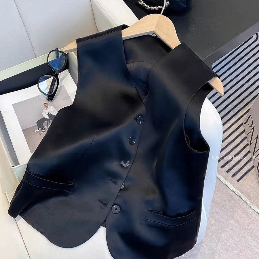 Black satin sleeveless vest for women with loose fit design and splicing detail