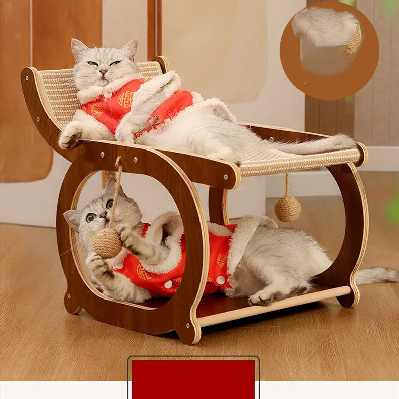 Solid wood sisal cat scratching bed recliner in walnut colour