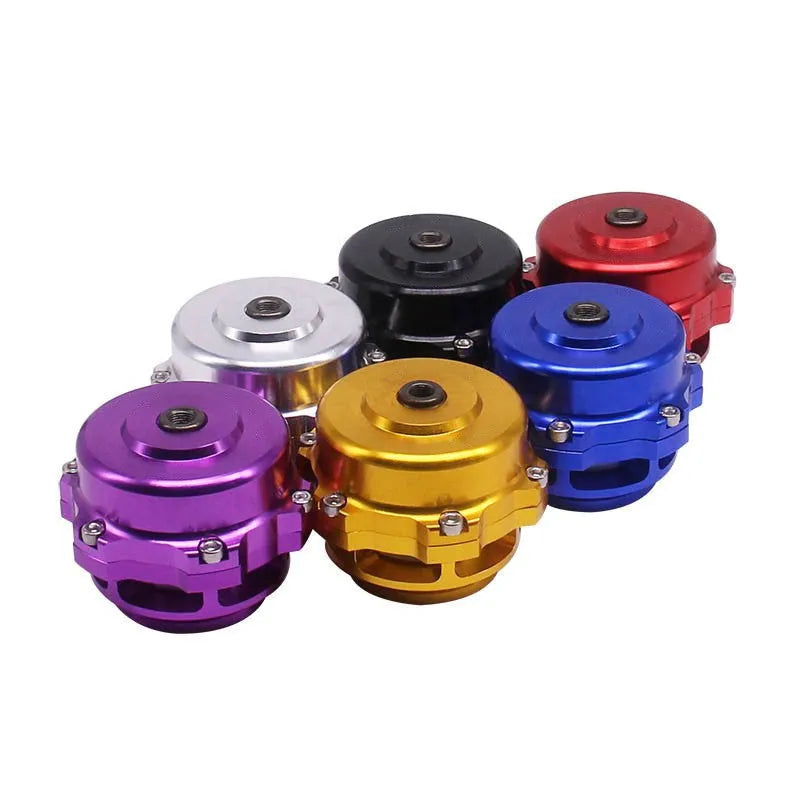 Aluminium alloy automobile pressure relief valve in 50mm size, shown in multiple colour options.