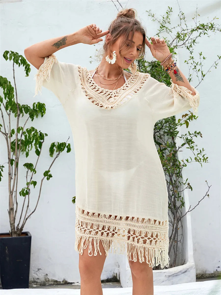 Hand-crocheted apricot beach dress with acrylic exterior and polyester lining for swimming and beachwear