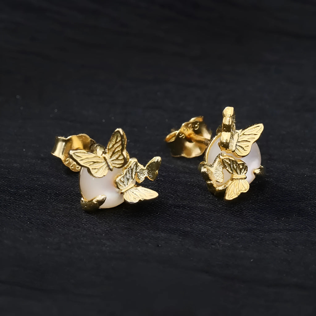 Butterfly ear studs in 925 sterling silver with gold or white gold electroplated finish