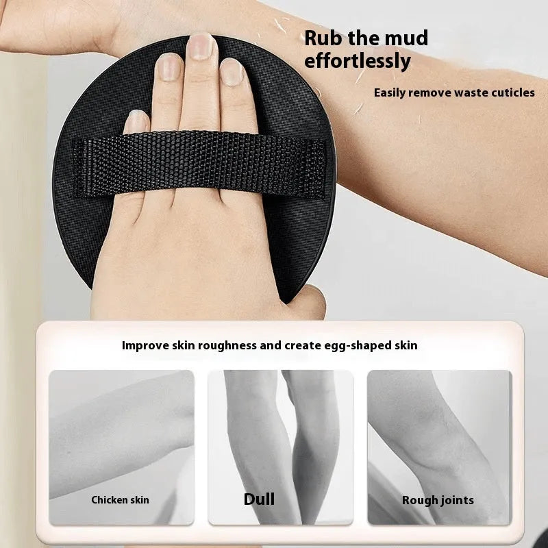 Rubber finger-style bath gadget for women in round cake colour with bath towel